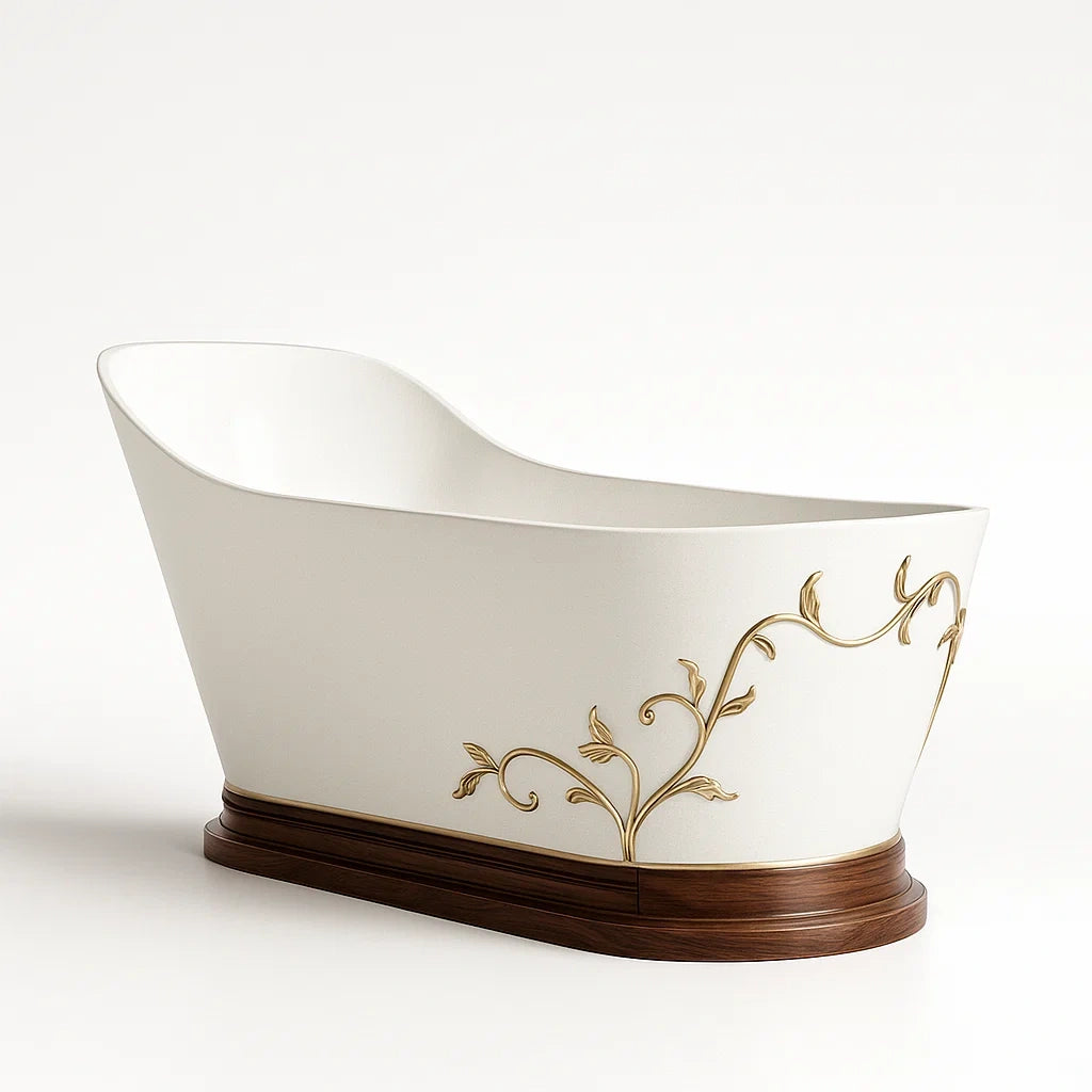 Freistehende Badewanne aus Acryl mit Holzsockel und Goldverzierungen