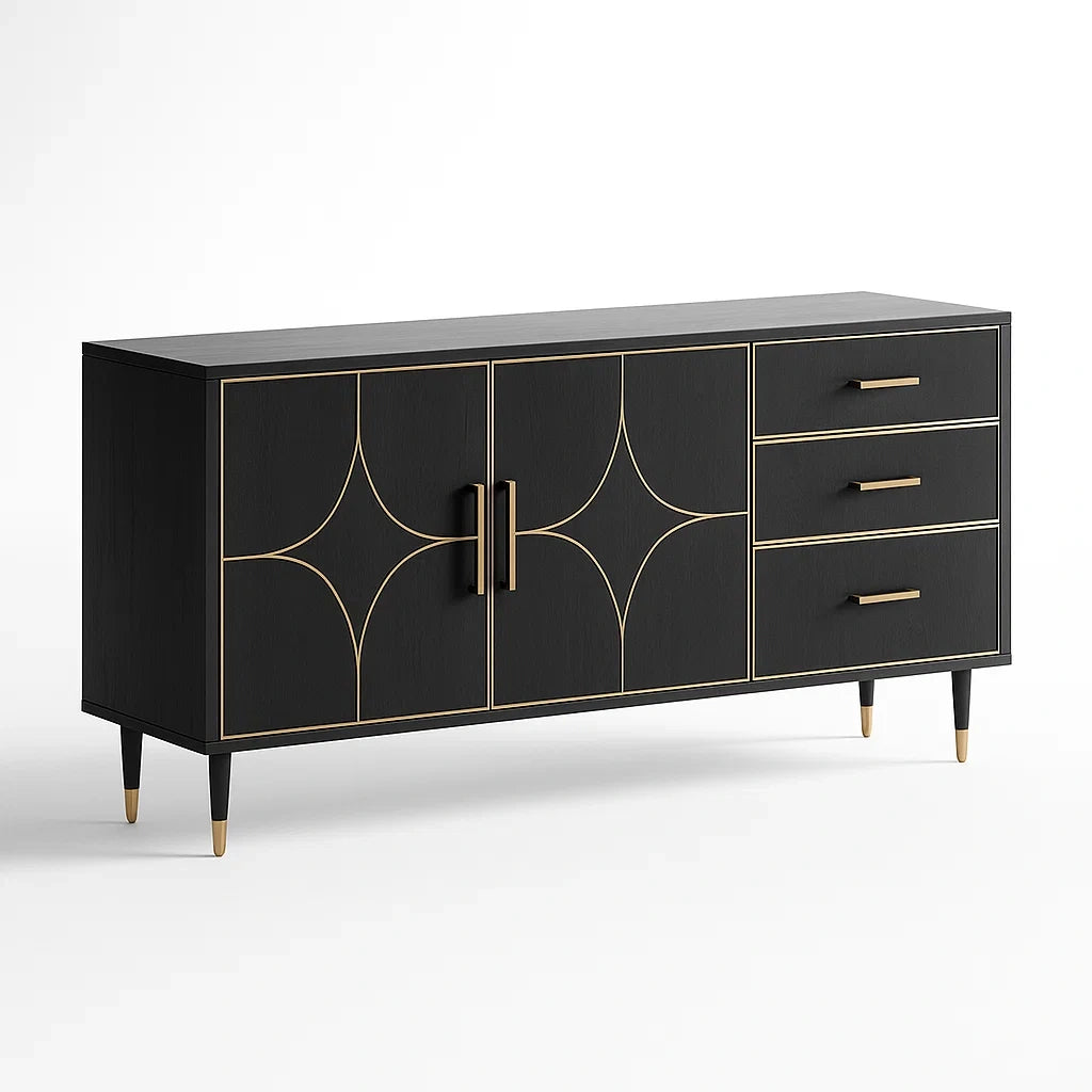Anrichte aus MDF mit goldenen Metallverzierungen, Schwarz