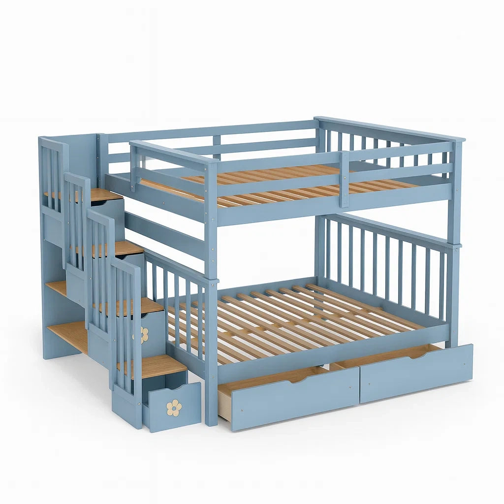 Holz-Etagenbett Blau mit Treppe und Stauraum