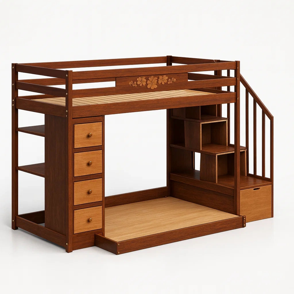 Holz Hochbett mit Stauraum und Treppe aus Massivholz Braun 200x90 cm