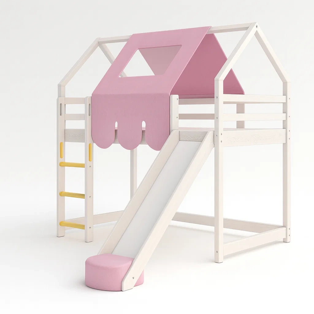 Kinderhochbett mit Rutsche aus Kiefernholz Weiß/Pink