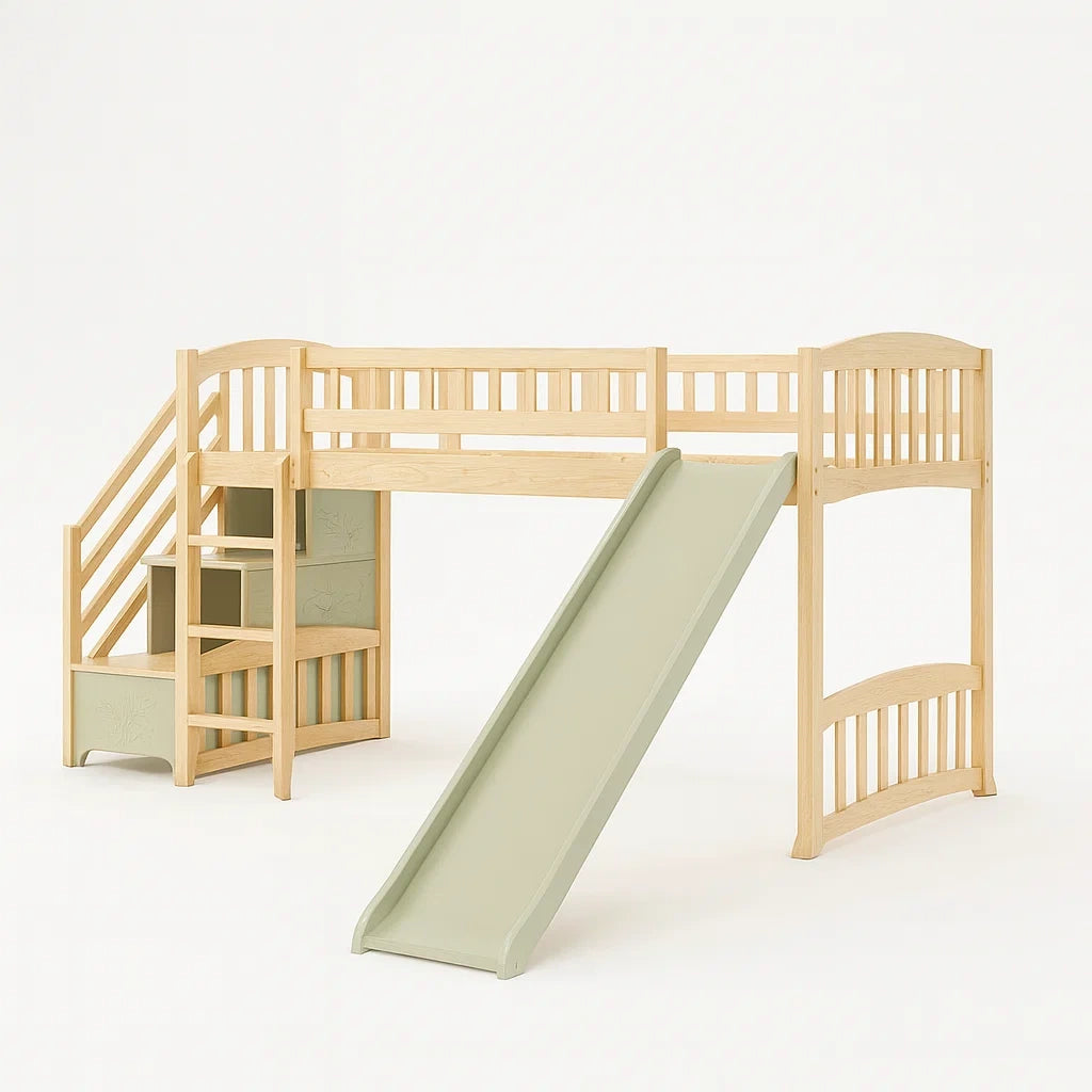 Hochbett mit Rutsche und Treppe aus Holz, Naturholz und Beige