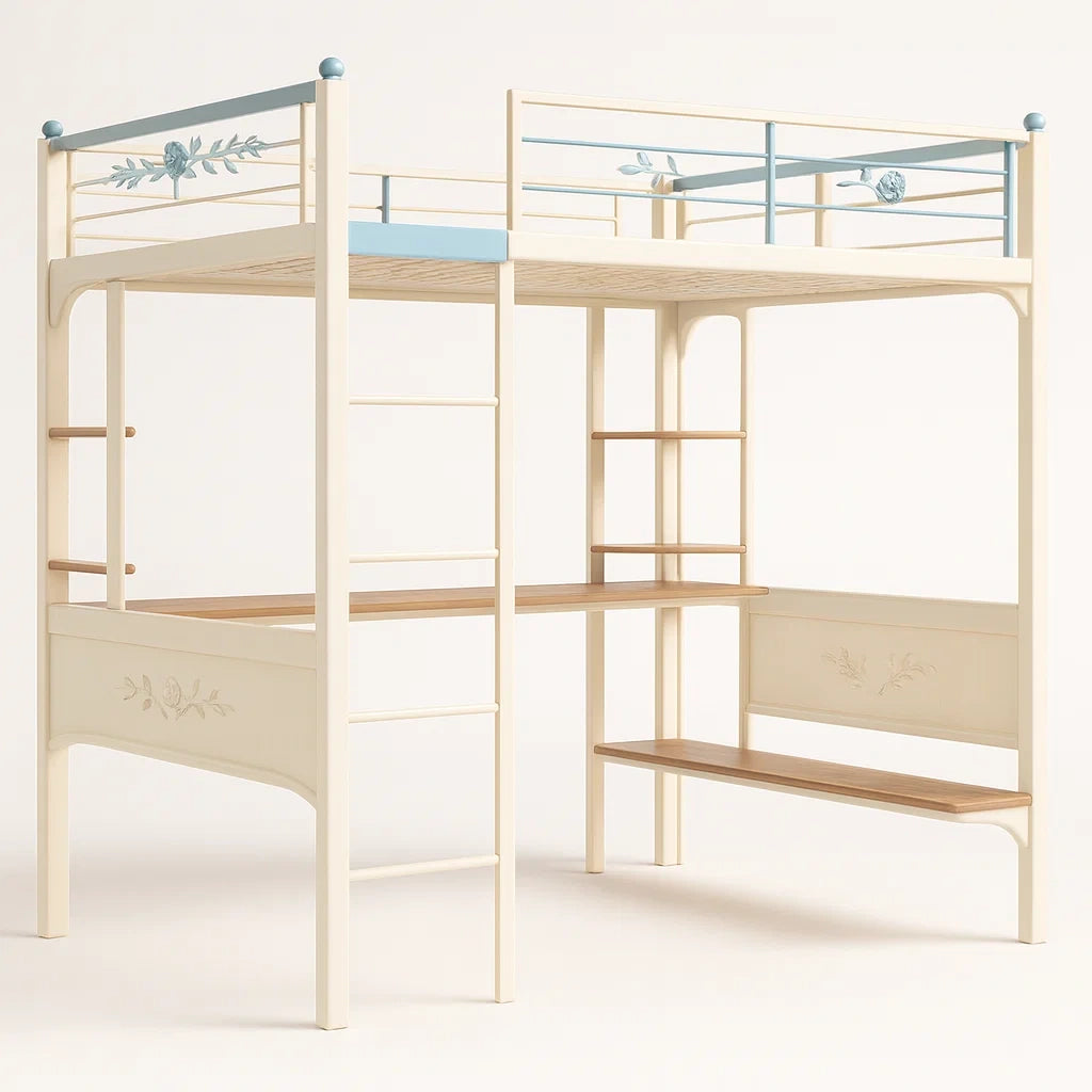 Holz-Etagenbett mit Schreibtisch Creme/Blau 200x90 cm