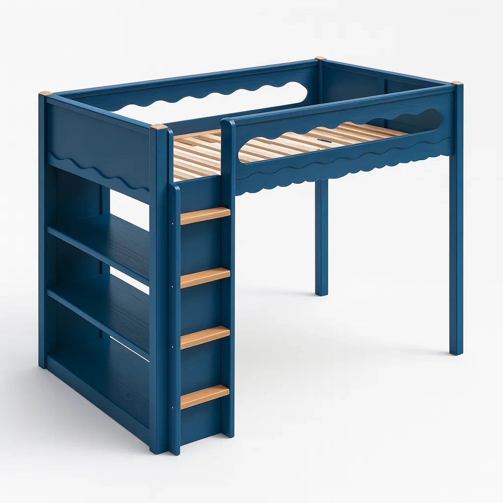 Hochbett für Kinder mit Regal und Leiter Massivholz Blau 198x98x123 cm